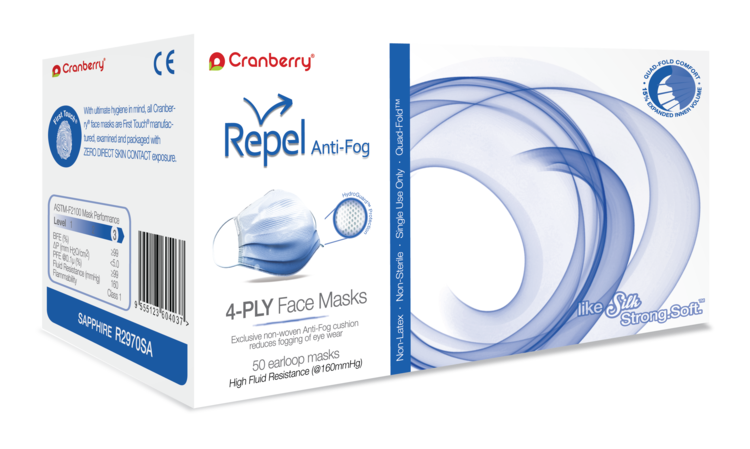 Repel Face Mask Antifog 4-Ply ASTM Level 3, 50/Box